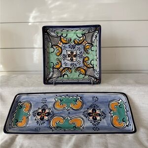 Hand Painted Ceramic Serveware Set - Blue, Green, and Orange